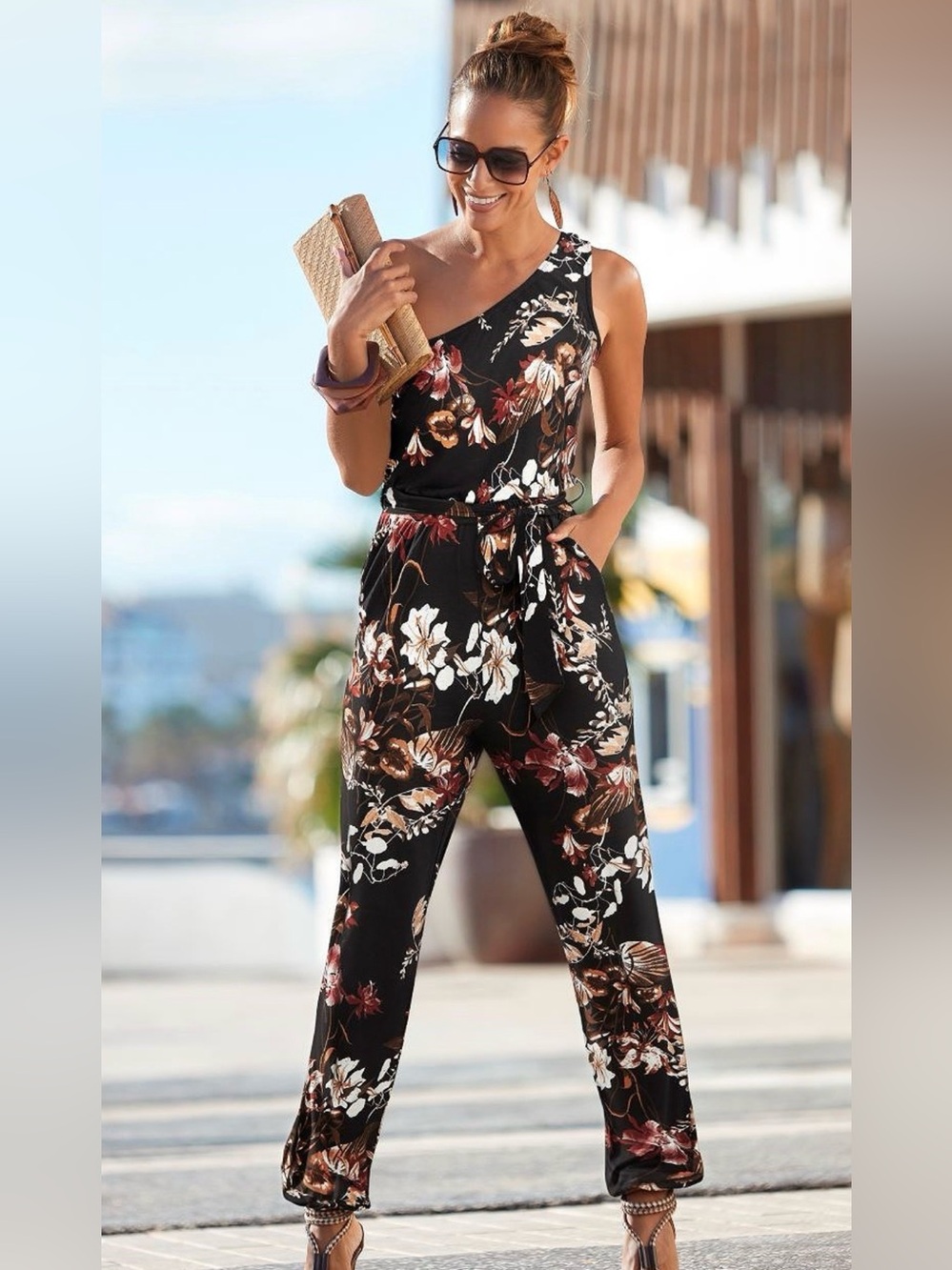 LASCANA Black Floral One-Shoulder Jumpsuit Fall Colors Size 8